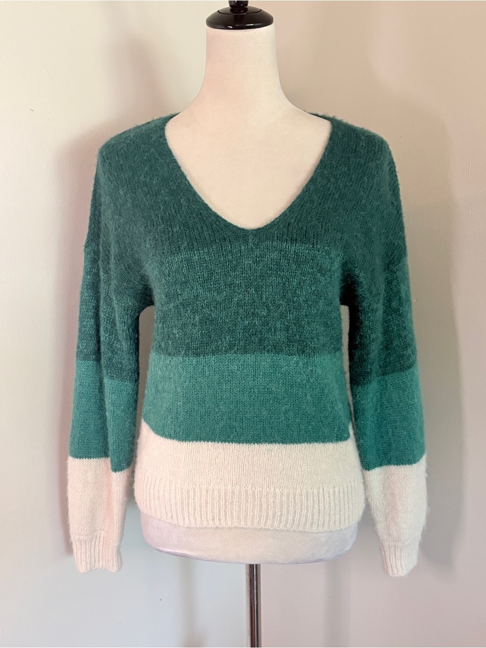 Part Two Raluca Color-block Stripe Alpaca Wool Blend Sweater Green Ivory Medium